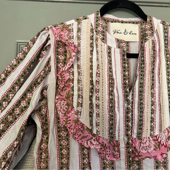 Block Print Lace Long Sleeve Mandarin Collar Blouse Ruffled - Picture 3 of 5